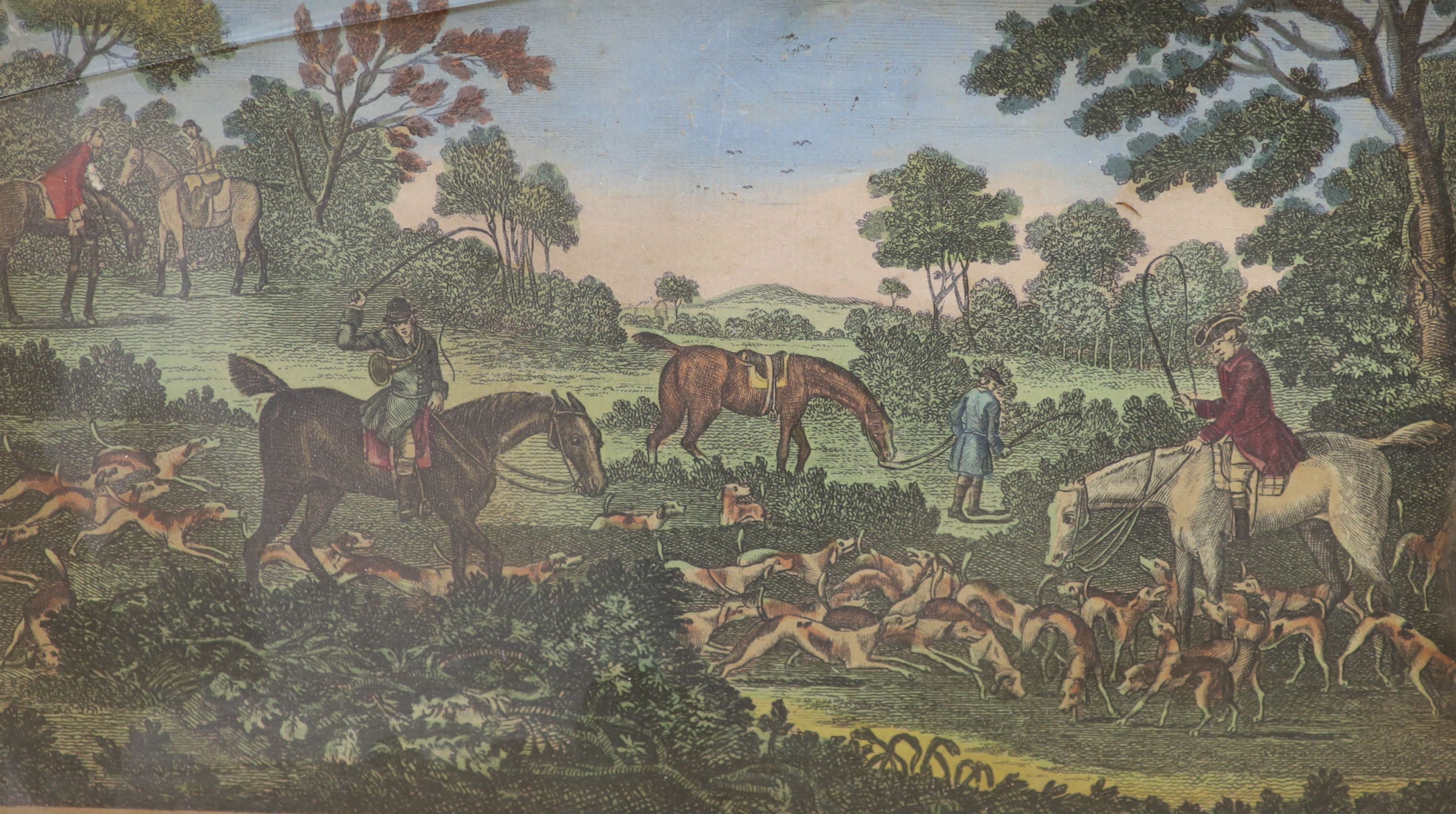 Robert Sayer publ. set of four 18th century coloured engravings, Hunting scenes, 15 x 26cm